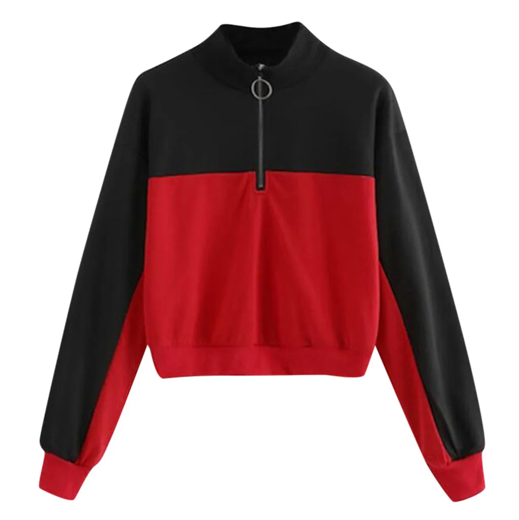 Jaycosin 2019 Fashion Autumn Women Simple Loose Colorblock Zipper Sweatshirt Stylish Long Sleeve Comfortable Casual Blouse 108#4