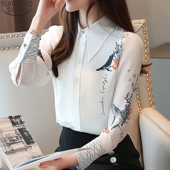 

2019 Ladies Tops Long Sleeve Shrit Autumn Blouse Women White Blouse Button Printing Chiffon Blouse Turn-down Collar Tops 7082 50