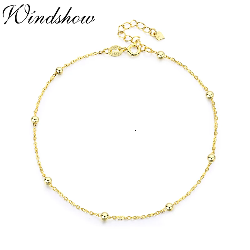 

925 Sterling Silver Gold Color Beaded Chain Anklet For Women Foot Jewelry Leg Bracelet Barefoot Tobillera Chaine De Cheville