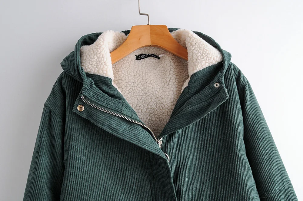 Women's autumn and winter new European and American wind corduroy lamb hair warm hooded jacket cotton jacket women