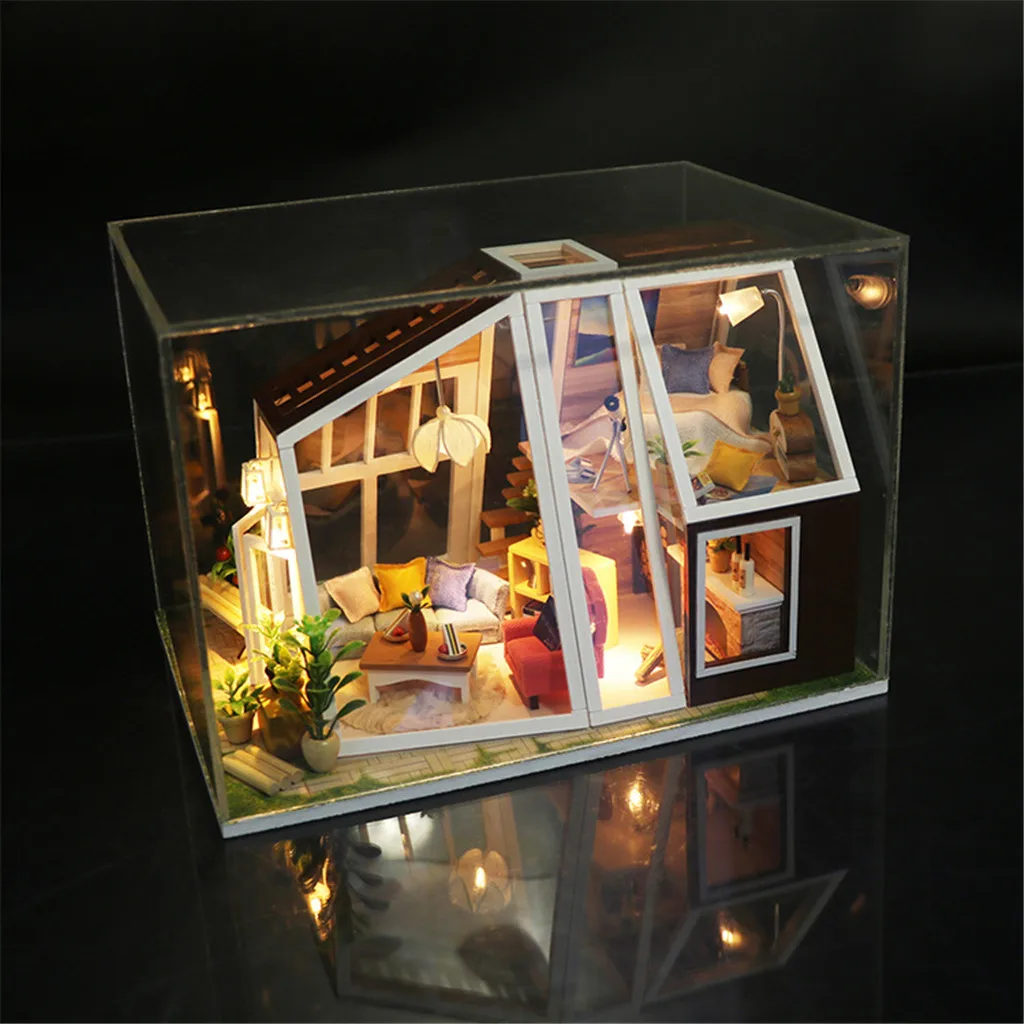 with cover 3D Деревянный DIY Миниатюрный Кукольный домик, головоломка, коробка для украшения, креативные поделки, подарки - Цвет: with cover
