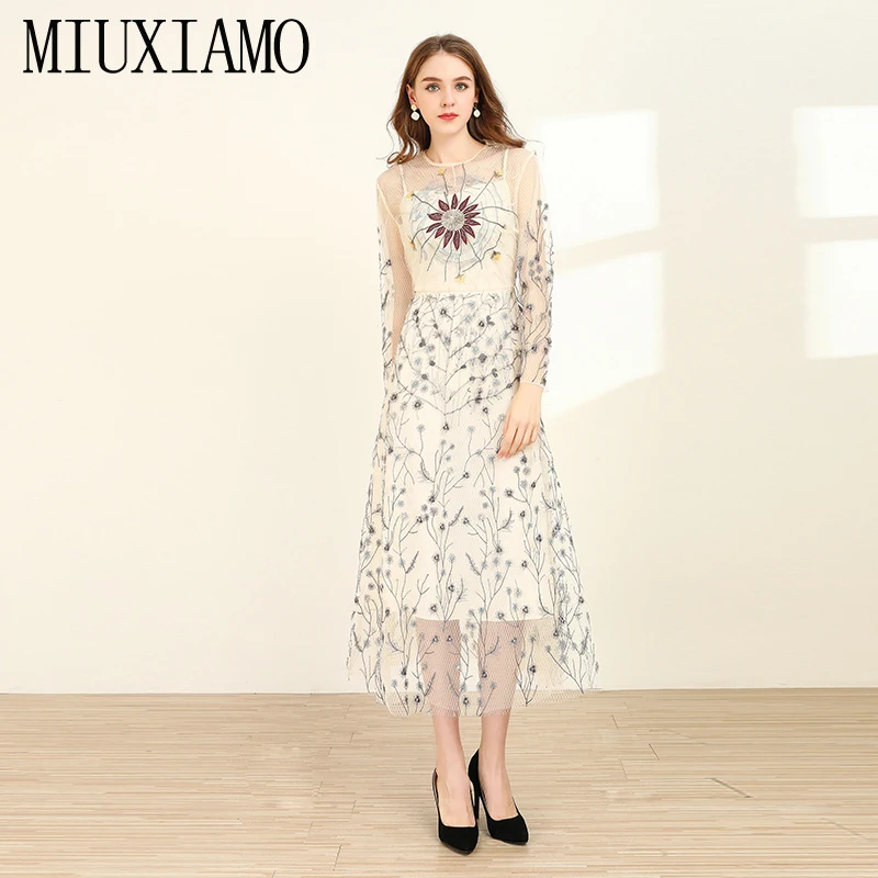 MIUXIMAO, высокое качество,, весеннее платье с цветочной вышивкой, роскошное, длинный рукав, элегантное, розовое, длинное платье для женщин, vestidos