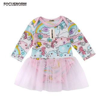 

Newborn Baby Girls Unicorn Cartoon Long Sleeves Romper One Piece Tulle Jumpsuit Romper Dress Clothes