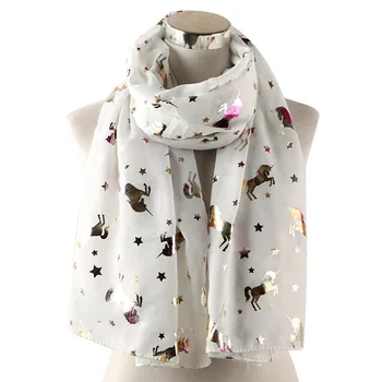 

Classic Design Woman Lady White Unicorn Pattern Scarf High Quality Bronzing Gilded Shawl Wraps