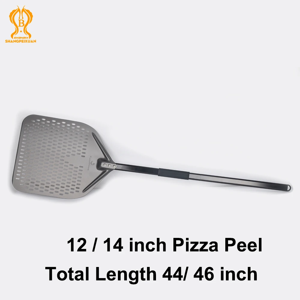 SHANGPEIXUAN Long Handle 14 /12 Inch Perforated Pizza Peel Pizza Shovel Aluminum Hard Coating Peel Oven Baking Tool