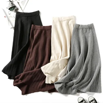 

2020 Autumn and Winter Women Knitted Skirt Korean New Solid Long Thick Warm Pleated Skirt for Female Outwear