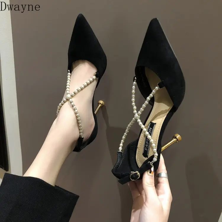 

2019 spring new high heel stiletto pointed single shoes wild temperament women's shoes pearl buckle hollow female sandals