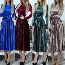 Robe de soirée en velours doré pour femme, tenue de soirée élégante à manches longues, couleur unie, mi longue, hiver 