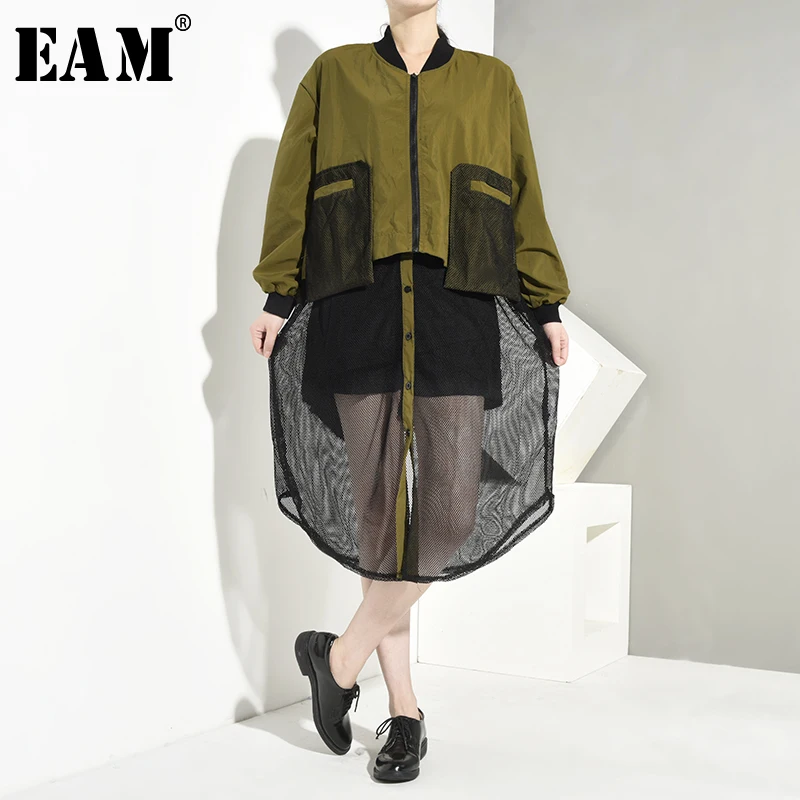 

[EAM] Loose Fit Mesh Split Joint Big Size Jacket New Stand Collar Long Sleeve Women Coat Fashion Tide Autumn Winter 2019 1A116
