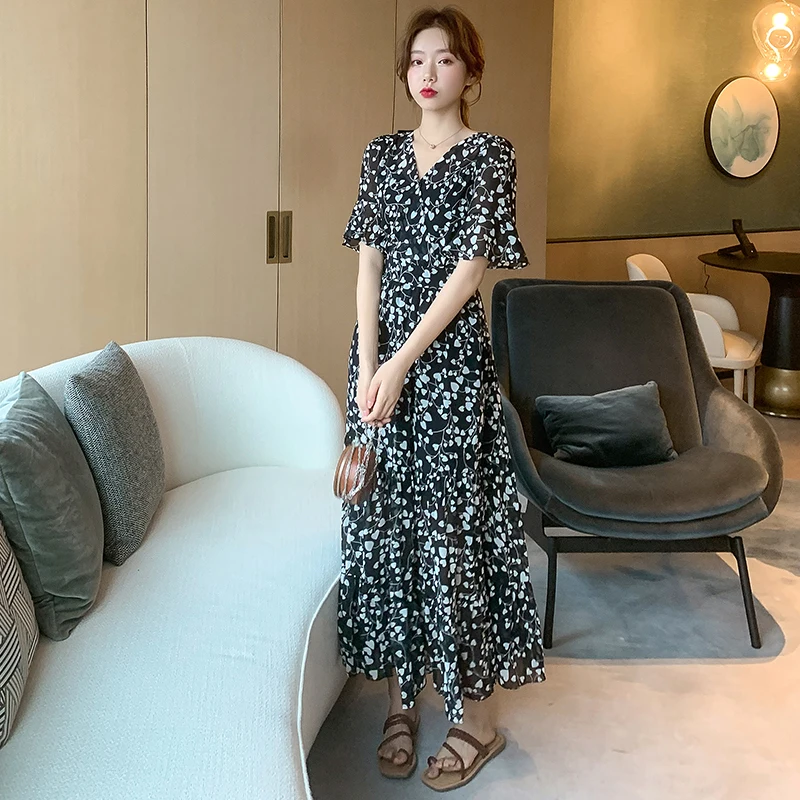 Tonglord Women Chiffon Dress 2020 Summer New Female Short Sleeve V-neck Printed Casual Long Dresses Elegant A-line Vestidos