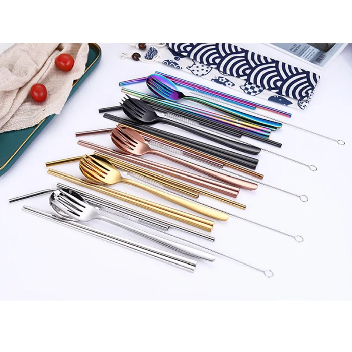 Stainless Steel Cutlery Set Five-piece Suit Linen Bag Tableware Travel Outdoor Office Picnic Barbecue D6