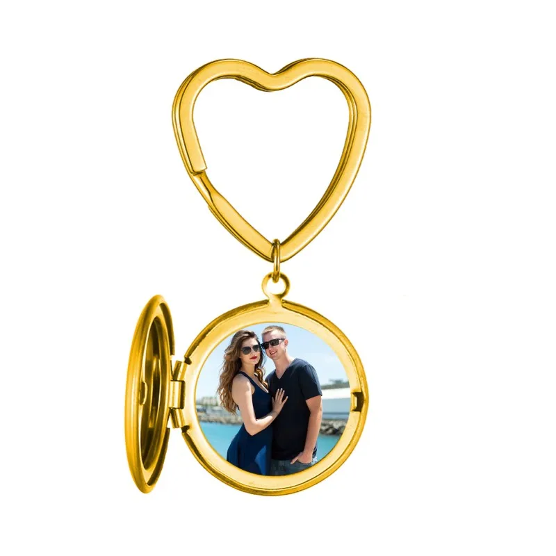 Custom Photo& Name Ring Keychain For Men Women Stainless Steel Round Photo Album Pendant Star Heart Key Ring Silver Gold Circle - Цвет: Custom Heart Gold 1