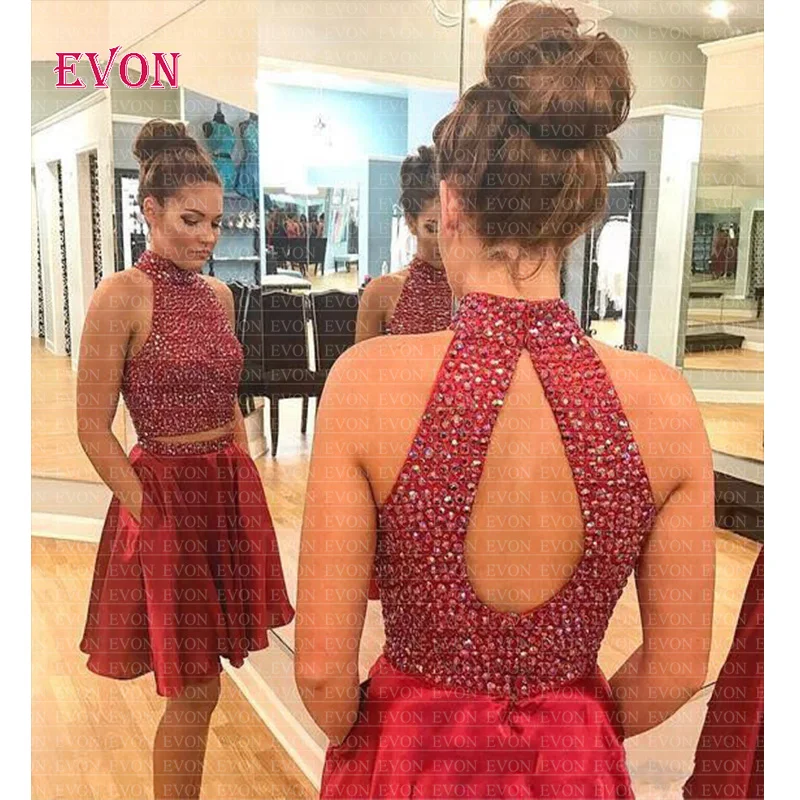

vestidos de fiesta largos elegantes de gala 2020 Sexy Halter Beaded Short Two Piece Satin Prom Dresses Hot Red Homecoming Dress
