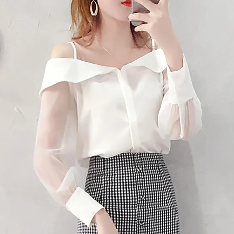 HELIAR Blouse Women Off Shoulder Spaghetti Transparent Organza Blouses Buttoned Up Adjust Straps Blouse For Women 2020 Autumn HELIAR Blouse Women Off Shoulder Spaghetti Transparent Organza Blouses Buttoned Up Adjust Straps Blouse For Women 2020 Autumn