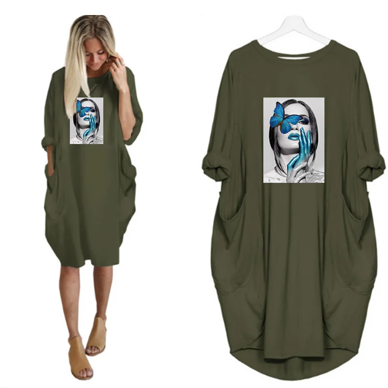 Plus Size Nordic Art Dress Butterfly Girl Cool Women Midi Dresses O-Neck Autumn Thin Long Sleeve Pockets Loose Party Vestidos