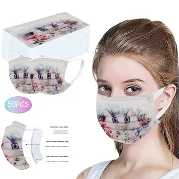 

50pc Mascarillad Desechables Unisex Printed White Masks For Adult 3-layer Facemask Non-woven Masks Elastic Ear Hook Mascarillad