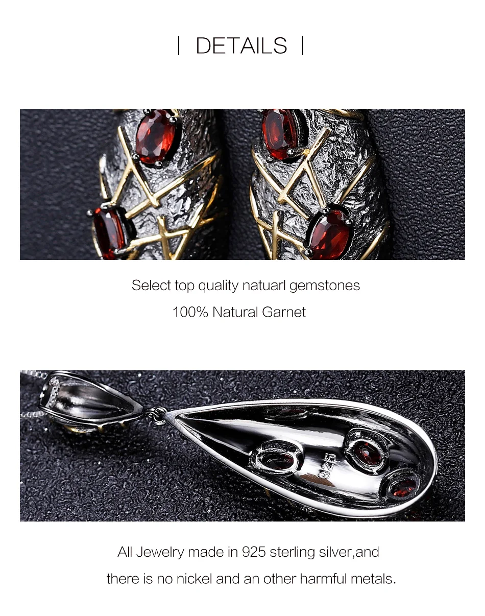 GEM'S балетные 925 пробы, серебряные, ручной работы, в полоску, шахматные линии, ювелирный набор, кольцо с натуральным гранатом, серьги, кулон, наборы для женщин