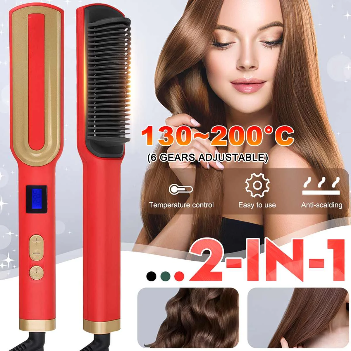Alisador eléctrico 2 en 1 para mujer, cepillo de pelo liso con iones negativos, peine de cerámica, belleza, rizador de pelo, 29W|Planchas de pelo| - AliExpress