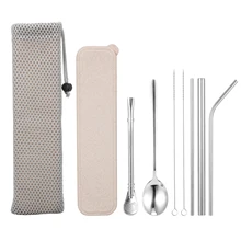 7 шт из нержавеющей стали соломинки многократного использования набор соломинок с соломенной ложкой щетка для чистки портативная коробка сумка