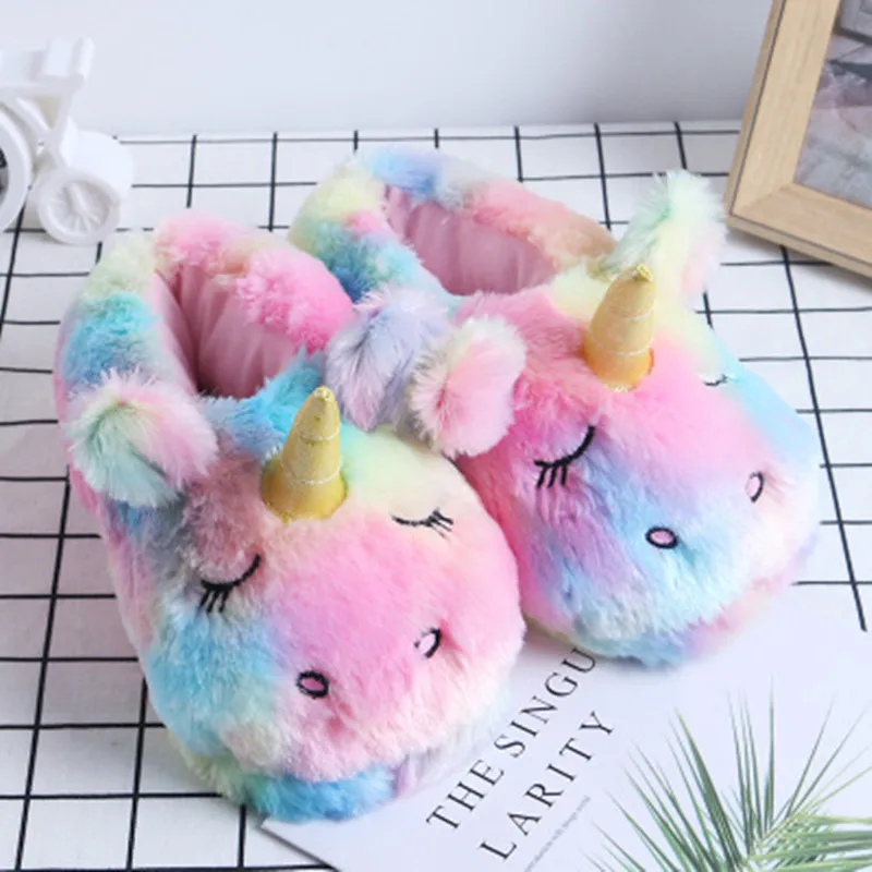 FAYUEKEY Cartoon Rainbow Unicorn Slippers Women Girls Winter Plush Warm Home Slippers Indoor Shoes Cotton Women Unicorn Shoes