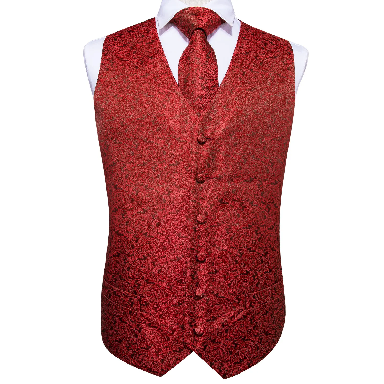 Hi-Tie мужской жилет костюм винно-красный шелк Пейсли тканый высококачественный однотонный жилет для мужчин Карманный платок запонки набор