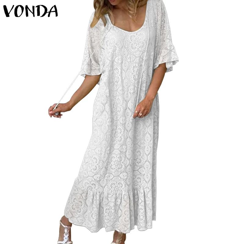 VONDA вечерние платья макси VONDA, богемное сексуальное платье с рукавом-бабочкой и кисточками, длинное платье, женский сарафан, летнее платье размера плюс, Vestidos - Цвет: White