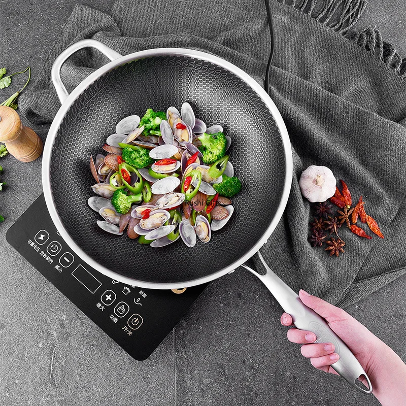 

304 Stainless Steel Wok Uncoated Two-sided Five-layer Steel Wok Pan Cooking Pot Cast Iron Skillet Wok Tools Chinese Cooking Pots