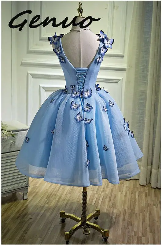 Genuo, новинка, элегантное женское голубое Плиссированное бальное платье с v-образным вырезом и 3D бабочкой, вечерние платья, женское официальное платье, платья Vestidos
