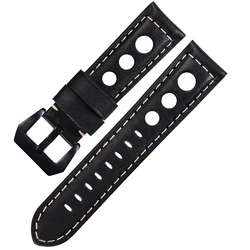 Premium Calfskin Leather Breathable Watch Strap Bracelet - High Quality, Multiple Sizes Available for 22mm (Black-Black Buckle)