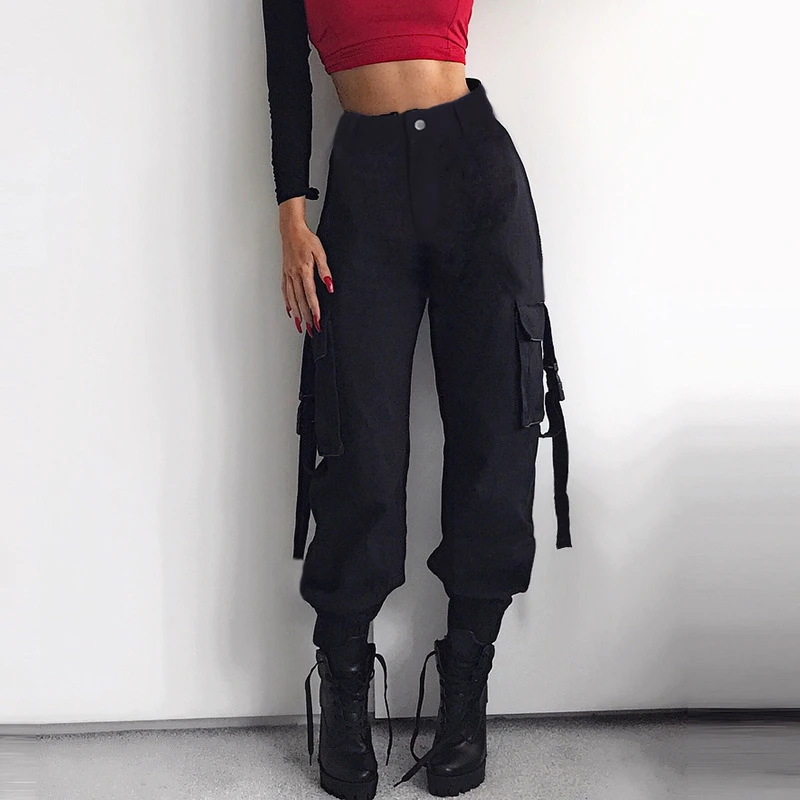 

Solid Casual Pants Woman Button Zipper Pockets Harem Pants Ribbon Schoolbag Buckle Cargo Pants Female High Waist Trousers