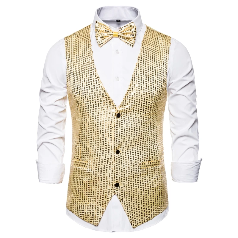 Gold Laamei Модные мужские жилеты костюмы тонкие Блестки Золотые цветные Dj сценические мужские жилеты с блестками плюс размер S-2XL - Цвет: Gold
