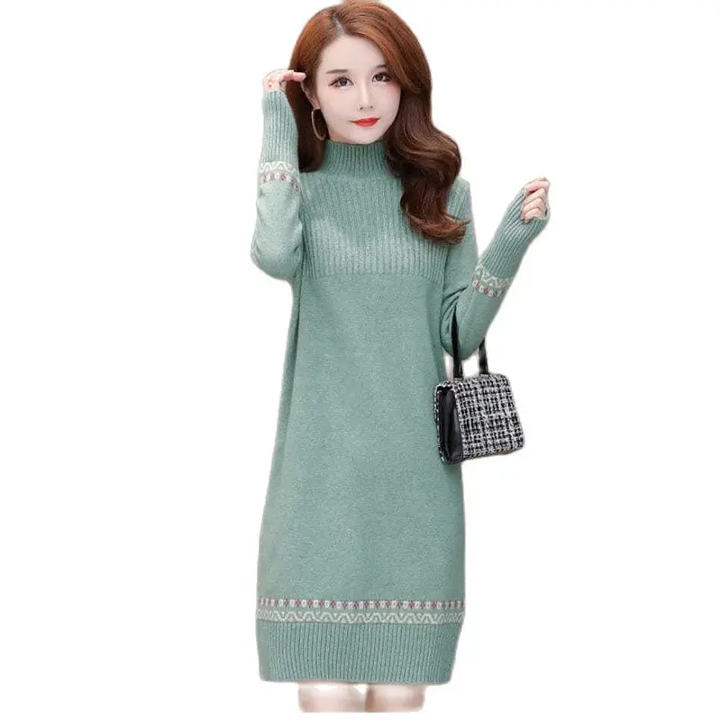 

The 2021 New Autumn And Winter Mid-length Knitting Splicing Women's Sweater Dress Long Sleeve Loose Ladies Base Sweater Dress