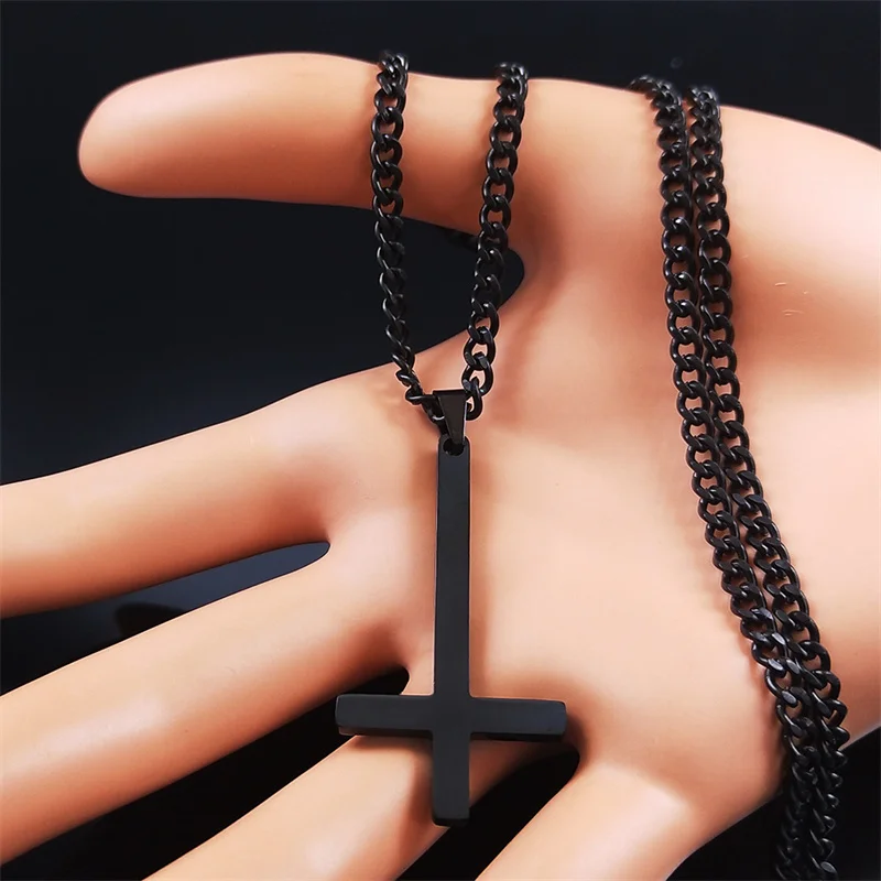 Edelstahl Gothic Umgedrehtes Kreuz Halskette Mann Schwarz Punk Invertiertes Kreuz Männer Ketten Goth Schmuck Halskette Hombre N8006 – Detail 4