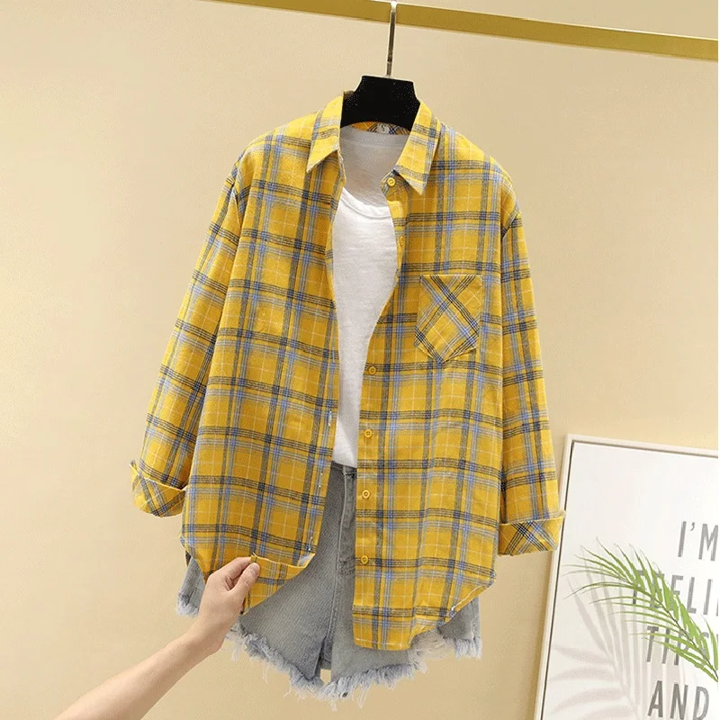 Long Sleeve Plaid Shirts Women 2022 Spring Casual Loose Plaid Overcoat Oversize Turn Down Collar Top Blouse Shirt