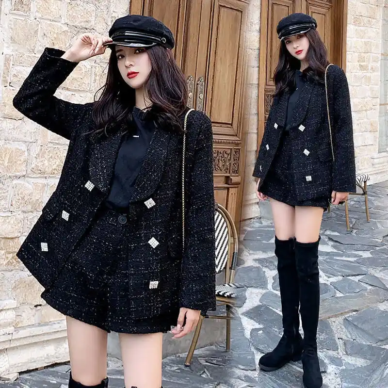 女性小さなスーツのジャケット カジュアルショーツスーツ女性の冬レトロシックなヘップバーンスタイルプロツーピースセット パンツスーツ Aliexpress