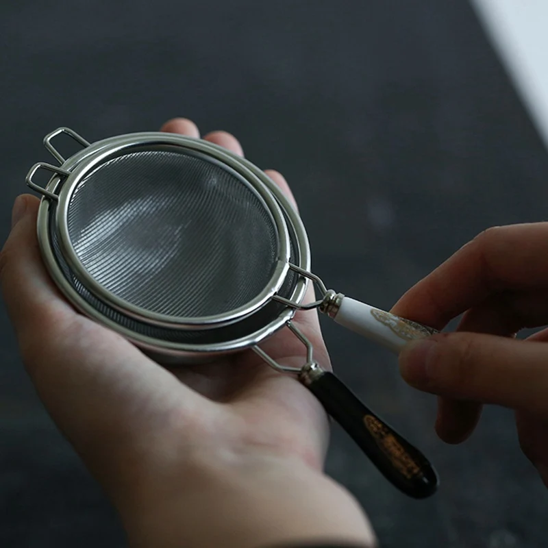 Leaf Tea Filter Ceramic Handle Gongfu Tea Accessories Vintage Chinese Infuser Stainless Steel Dual Mesh Strainer Loose tea infuser tea strainer tea filter