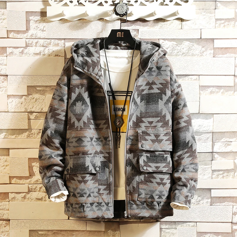 Мужское шерстяное пальто с капюшоном свободное повседневное в стиле ретро