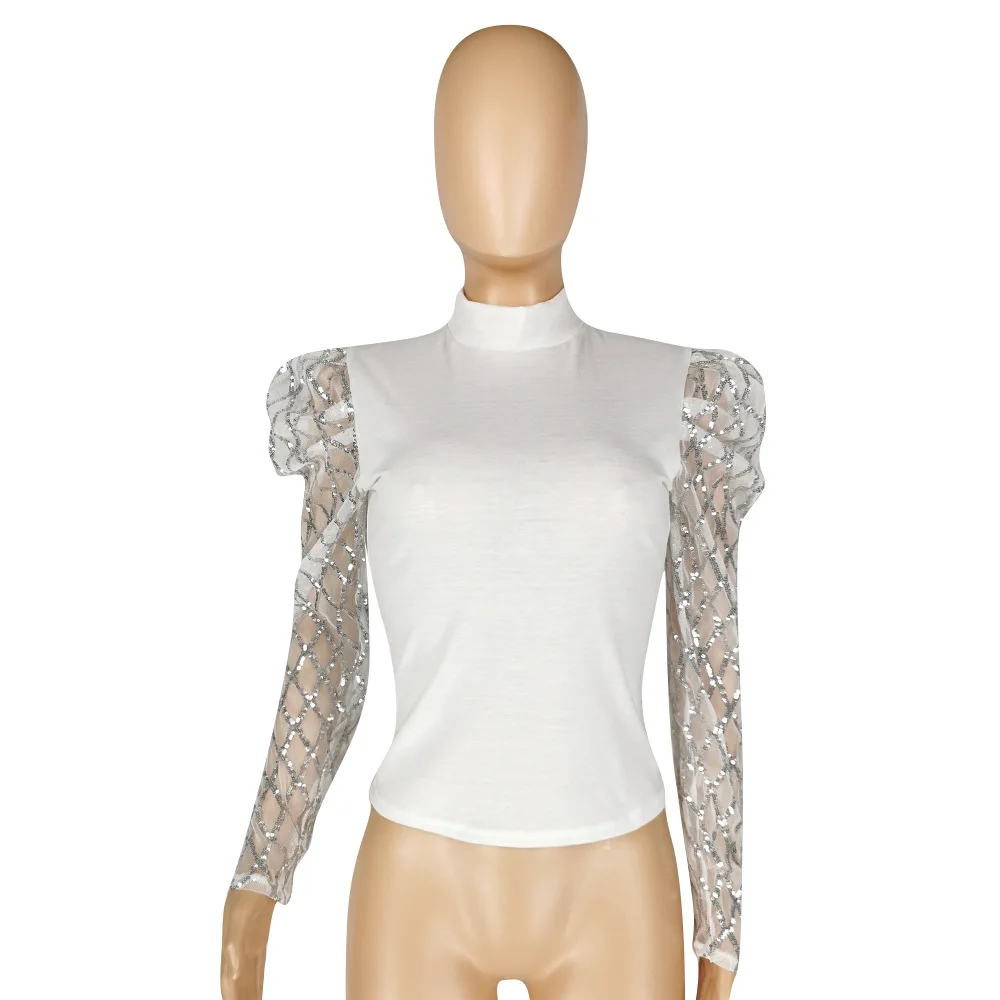 Модный топ в стиле пэчворк с блестками, прозрачные вечерние Клубные платья с длинным рукавом, однотонная черная Клубная одежда для женщин размера плюс 2xl - Цвет: white