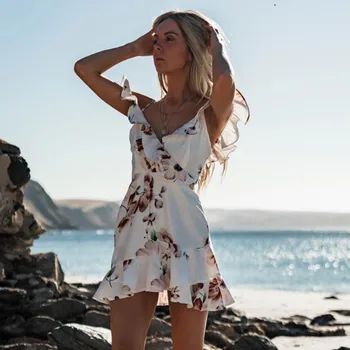

Summer Floral Beach dress Strappy Ruffles Backless A-Line Mini Dress Ladies V Neck Casual Holiday Beach dress Female S-XL