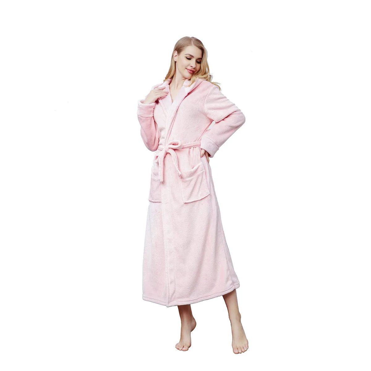 Couple Autumn Winter Long Robe Sleepwear Thick Flannel Hooded Bathrobe Nightgown Warm Coral Fleece Nightdress Plus Size Homewear