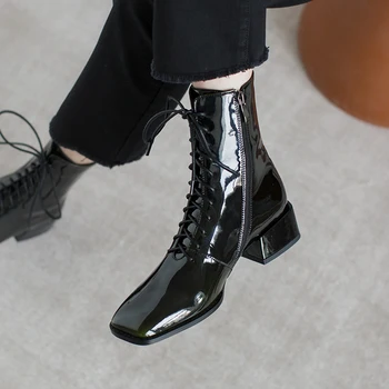 

Genuine Leather Classic Office ladies Ankle Boots Autumn Winter Square med Heeled Chelsea Boots lace up Shoes Woman