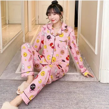 

Spring Print Womens Home Wear Pink Long Sleeve Pocket Sweet Pajamas Sets Female Sleepwear 2020 Summer Casual Ladies Home Clothes