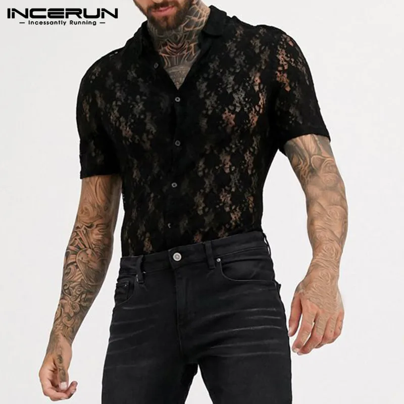 2020 Men Lace Shirt Transparent Solid Color Lapel Short Sleeve Mesh Party Nightclub Shirts Men Slim Blouse Camisa INCERUN Summer 2020 Men Lace Shirt Transparent Solid Color Lapel Short Sleeve Mesh Party Nightclub Shirts Men Slim Blouse Camisa INCERUN Summer