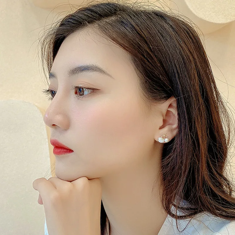 Starfish Shell Stud Earrings for Women Small Cute Imitation Pearl Earrings Banquet Wedding Jewelry