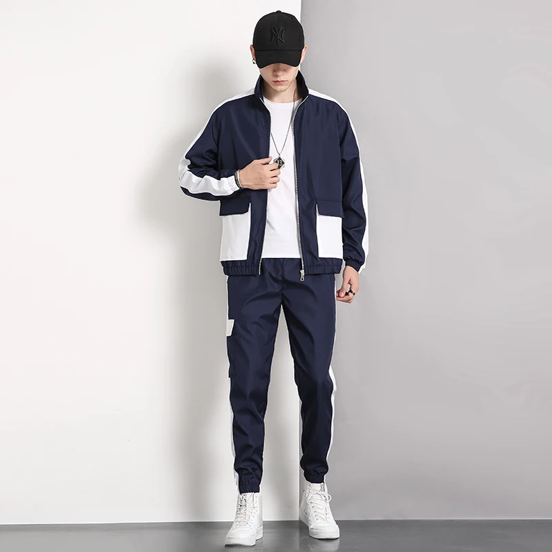 Men Sports Two piece Fashion Outdoor Jogging Stand Collar Sportswear Casual Stitching Color Sportswear Men Track 4