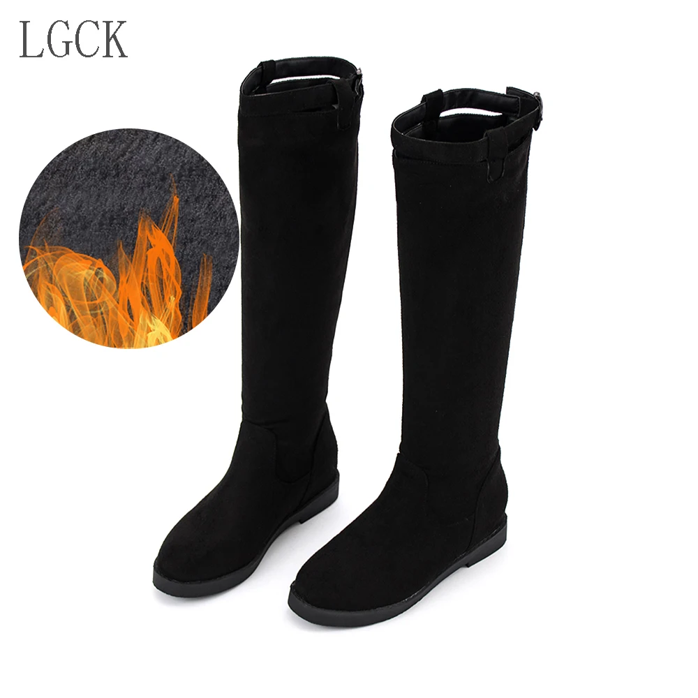black flock fur Большие размеры 34-46; модные зимние женские сапоги для верховой езды; мотоботы на низком каблуке; осенние женские высокие сапоги на молнии с пряжкой; высокие сапоги - Цвет: black flock fur