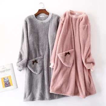 

Flannel long-sleeved round neck warm women's short night dress women sexy winter new casual loose home dress sleepwear women