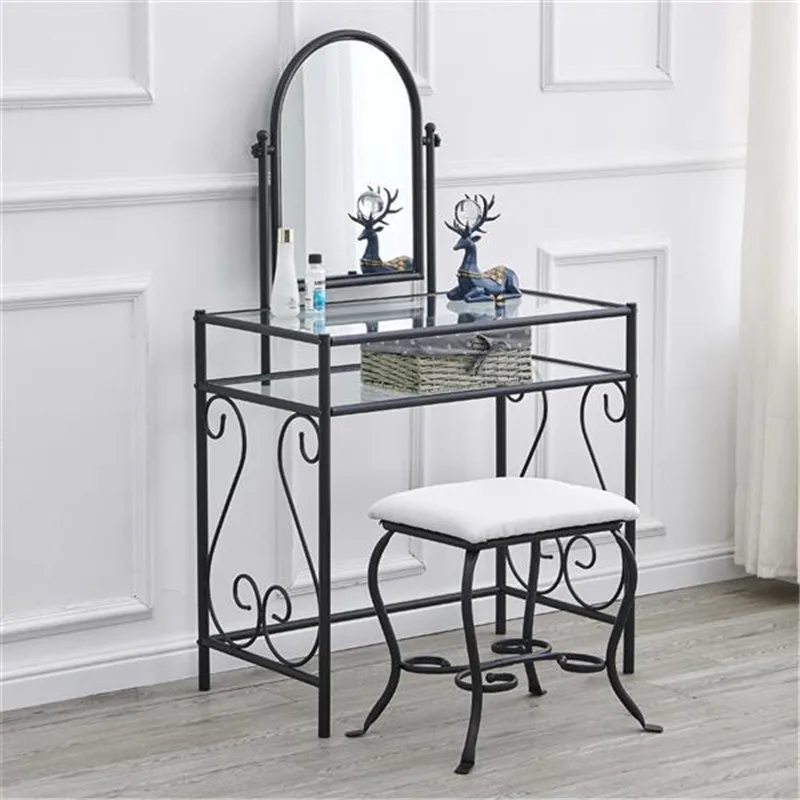 

Makeup Vanity Desk Dresser Dressing Glass Table Simple Iron Dresser with Mirror Square Dressing Stool Chair Bedroom Furniture