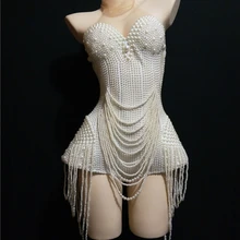 Женская певица одежда белый жемчуг облегающий костюм с жемчужинами Джаз танцевальный наряд вечерний сценический костюм для шоу Выпускной День рождения