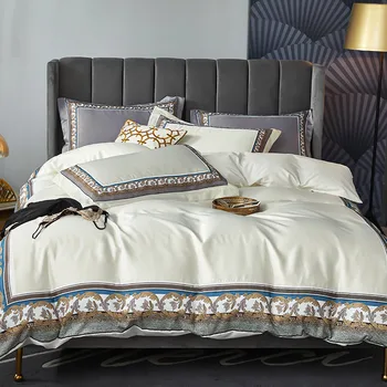 

Rice White Pink Gray satin Cotton 4pcs Bedding Set Washed Silk Bohemia Printing Duvet Cover Bed Linen Fitted Sheet Pillowcases